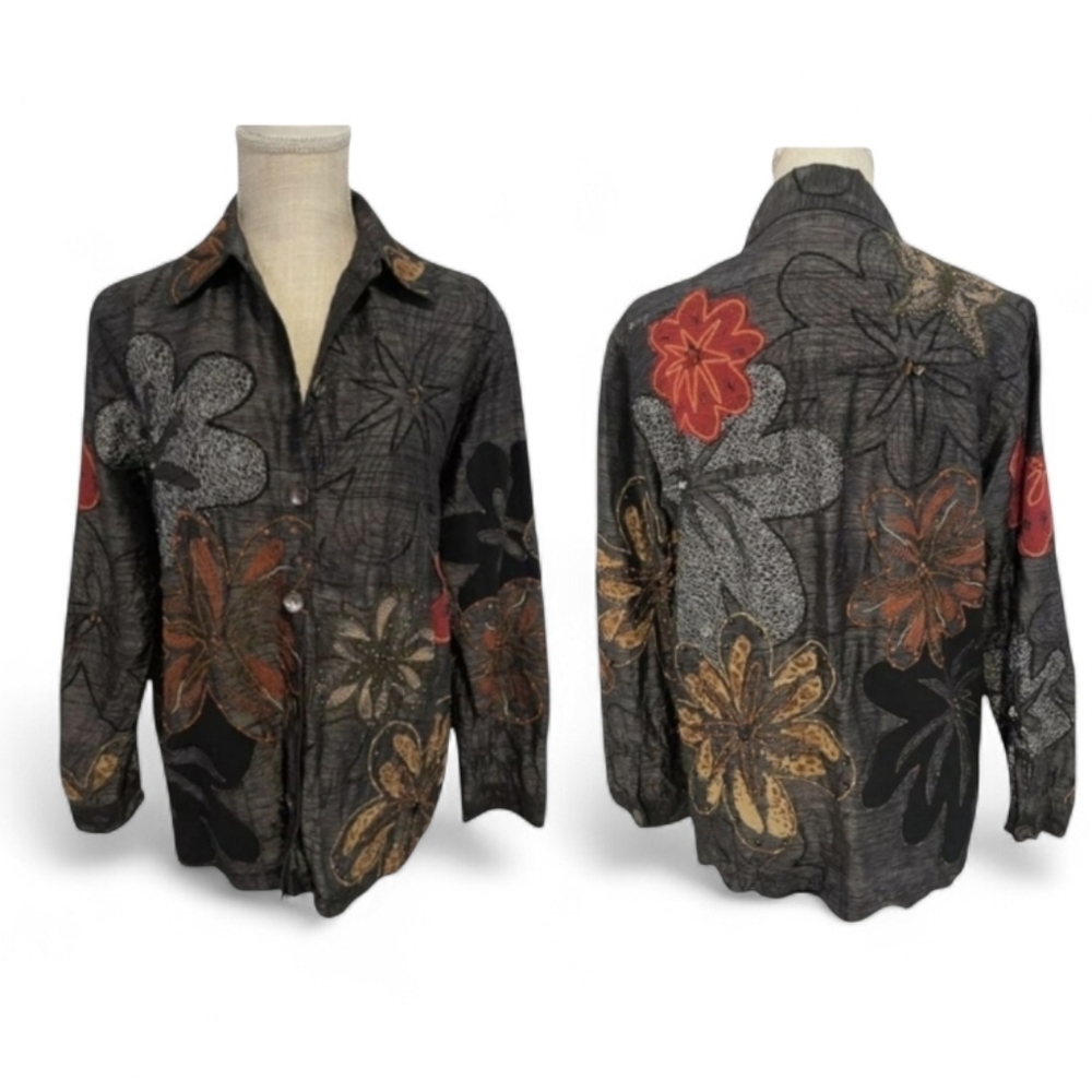 Pure Silk Witchy Whimsigoth Floral Beaded Embroidered Artsy  Blouse/Jacket Sz M